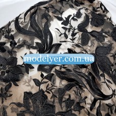 Ткань Сетка с вышивкой (бежевый с черным)